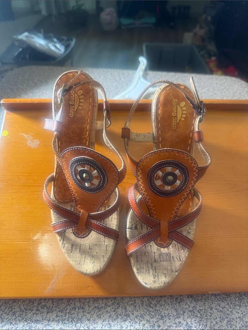 Spring Step Brown Leather Decorative Medallion Heels
